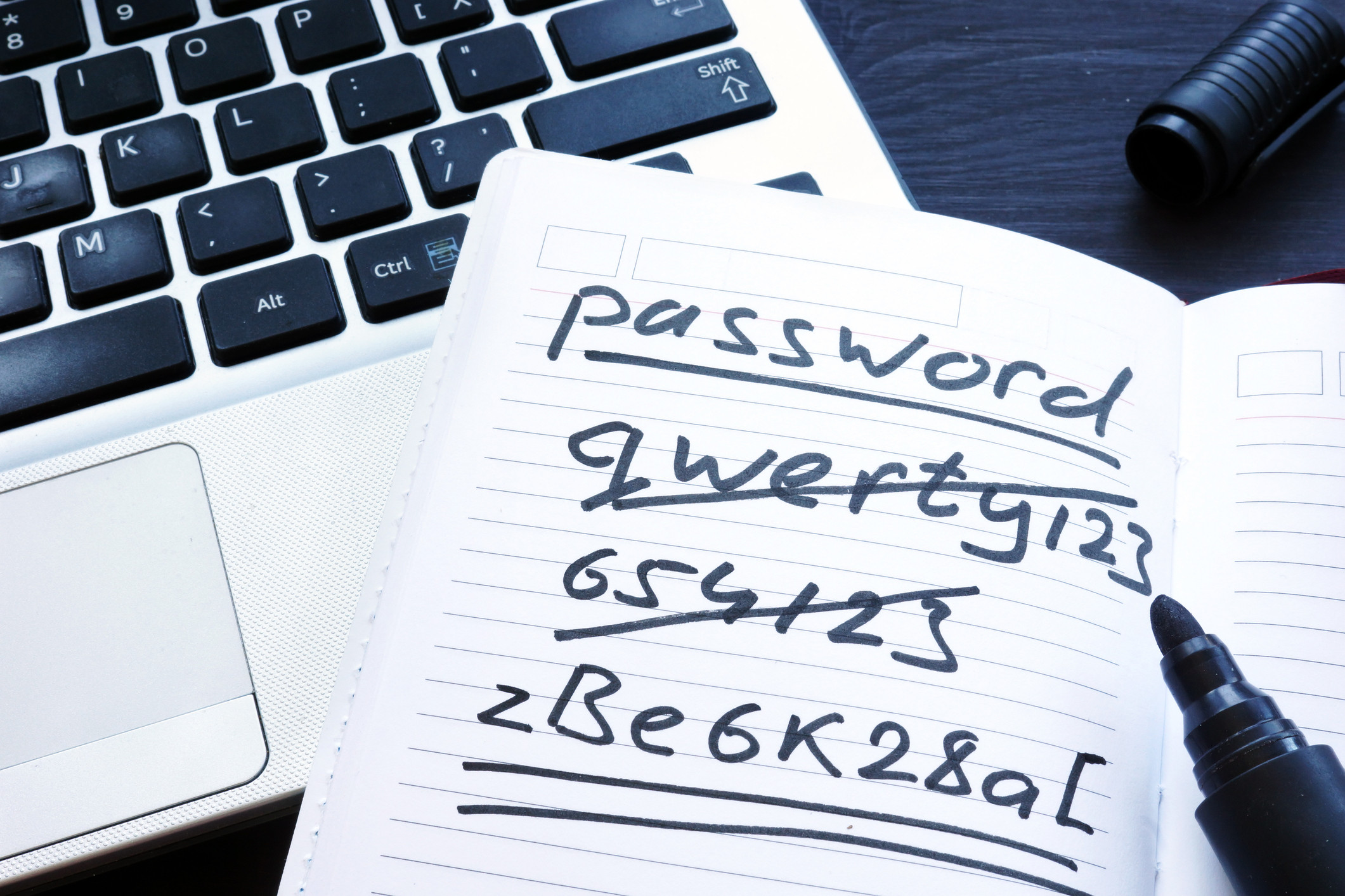 Weak passwords crossed out with a secure password double-underlined, exemplifying best practices to protect against cloud security challenges and risks.