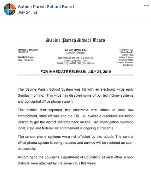 A statement released by the Sabine Parish School Board about the Louisiana school cyber attack.