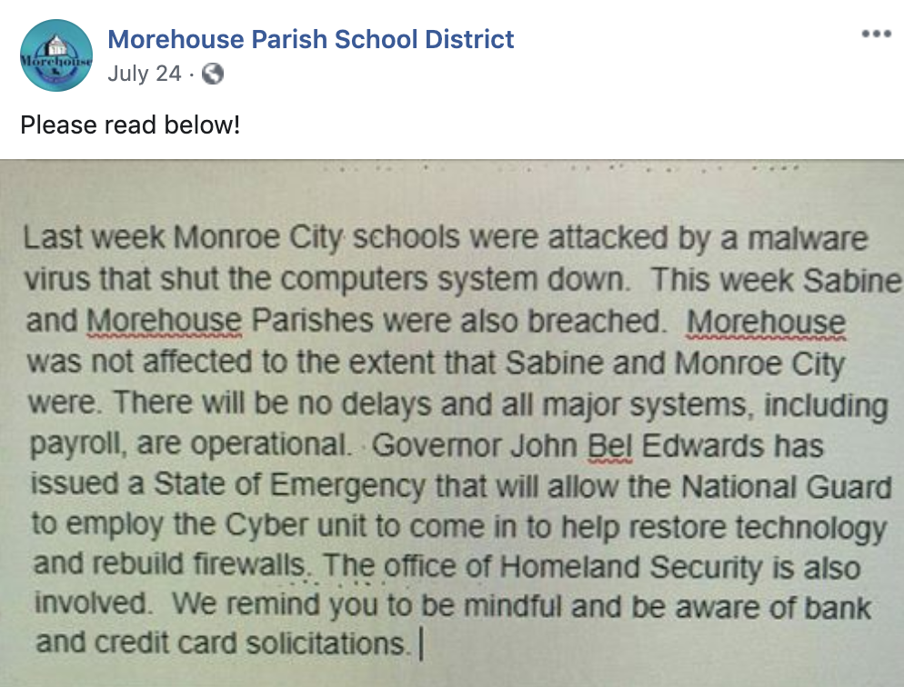 A statement published on Facebook by the Morehouse Parish School District about the Louisiana school cyber attack.