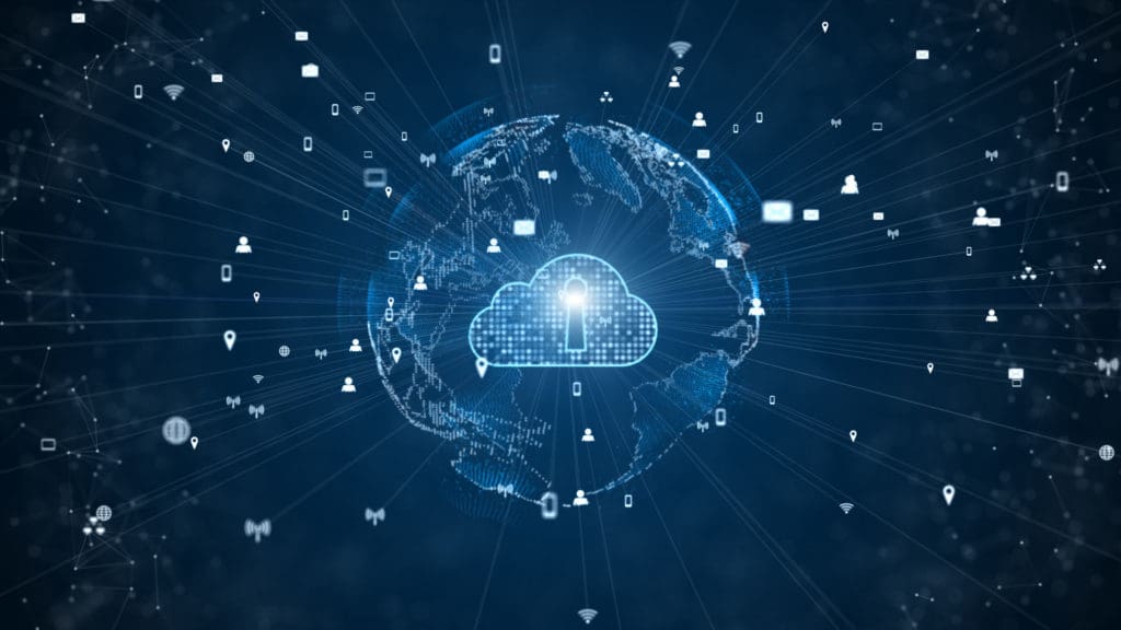 A concept image of cloud security challenges and risks around the globe, with digital icons connected around the world.