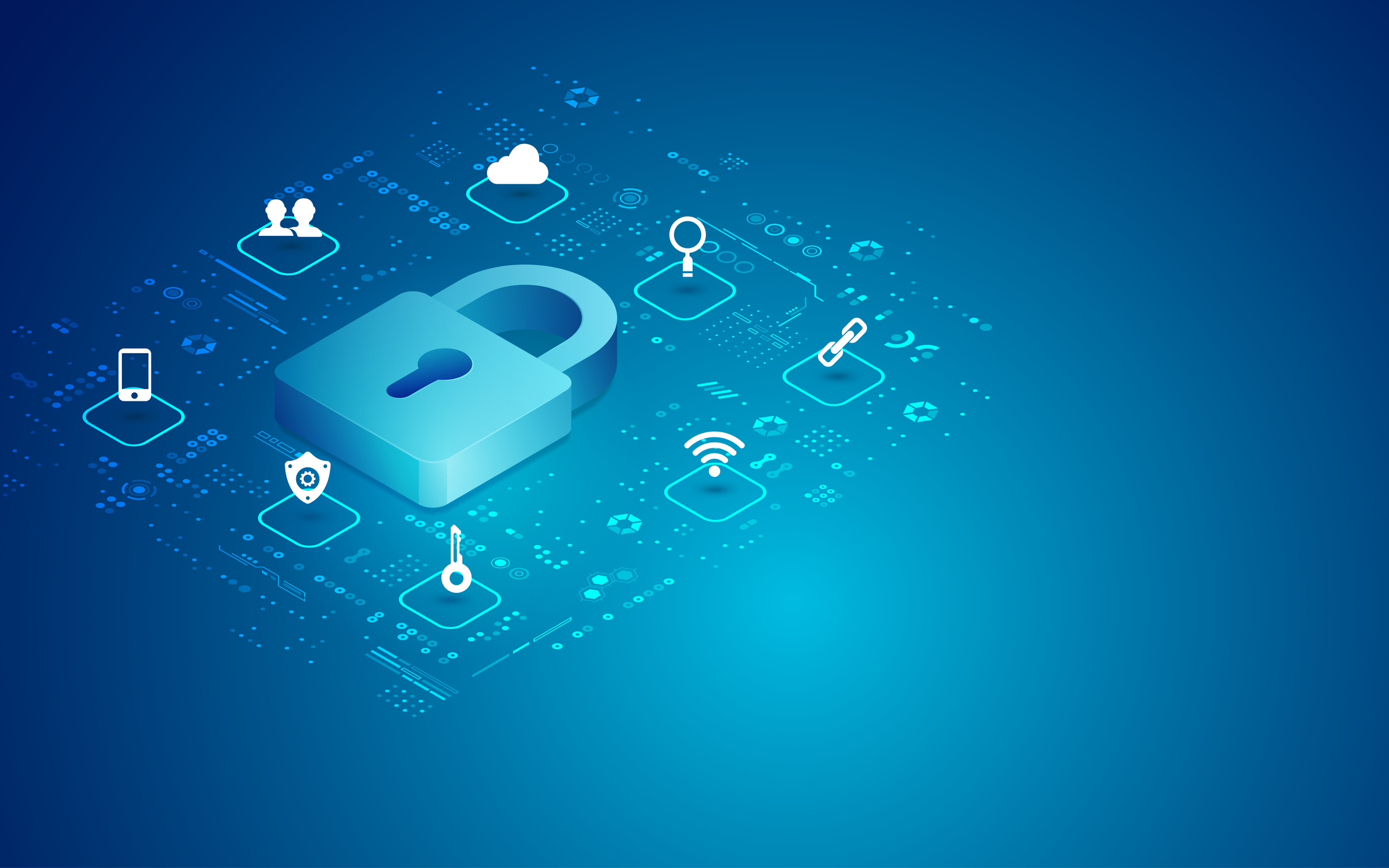 Padlock and digital icons as a cybersecurity concept, representing what is required by the Cybersecurity Maturity Model Certification (CMMC) for defense contractors.