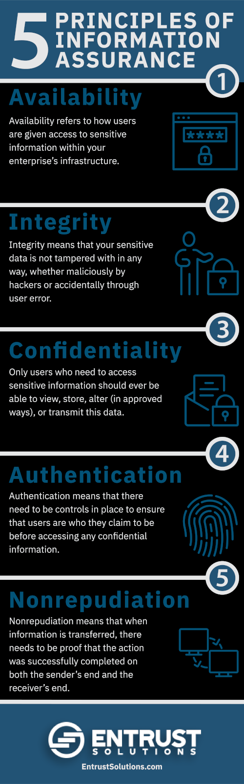 An infographic from Sentient Digital, Inc. describing the 5 principles of information assurance.