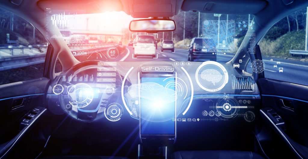 Driver's view from self-driving car powered by motion sensors function, an example of tech that would benefit from cybersecurity for Internet of Moving Things.