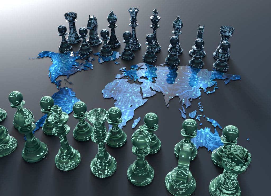 Global chess match, with chess pieces on either side of a digital map of the world