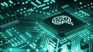 Image of a brain on a computer chip, symbolizing no code AI and low code AI.
