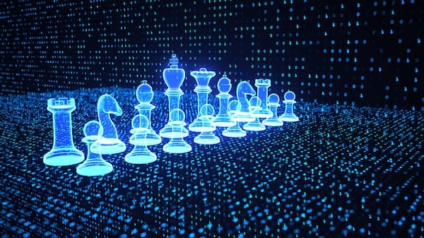 Naval wargaming AI represented by computerized chess pieces in a digital environment